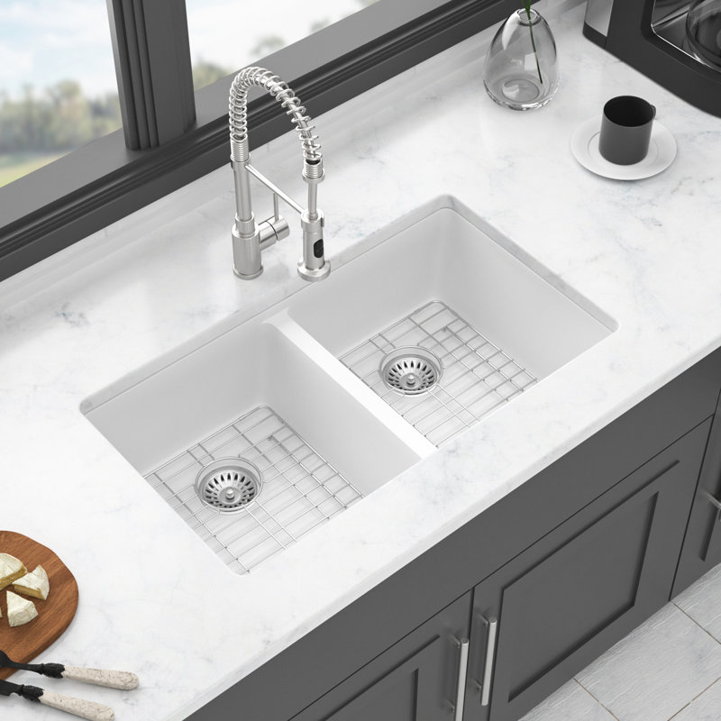White 33X19" Undermount Double Bowl  50/50  Quartz Kitchen Sink, Thick Composite, Smooth And Easy To Clean, Package With Installation Template Assembly Sink In Granite Quiet, Non - Porous, Rounded