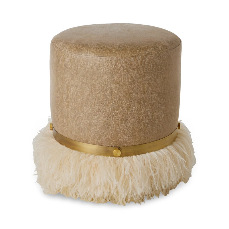 Leather Ostrich Fluff Pouf, Taupe/Cream