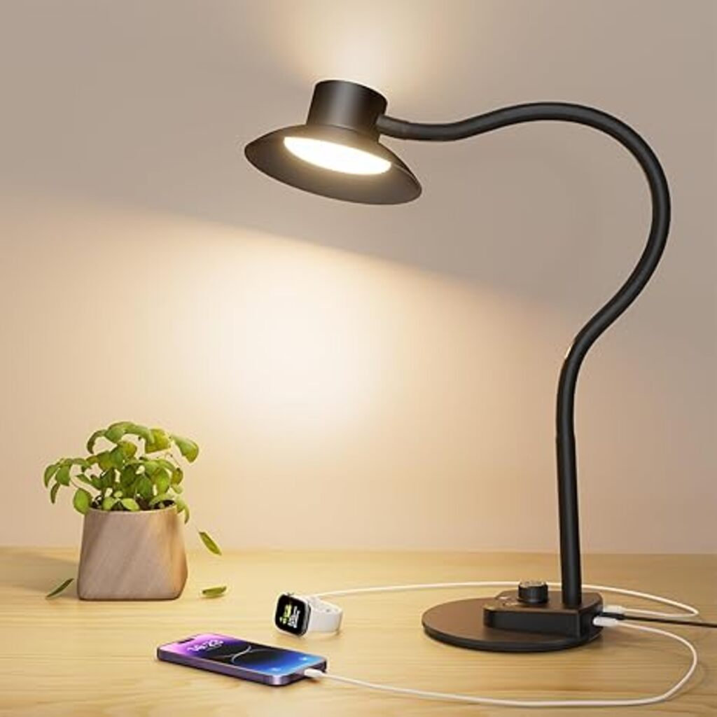 Desk Lamp, Eye-Caring Dimmable Bedside Lamp with Dual USB Charging Port