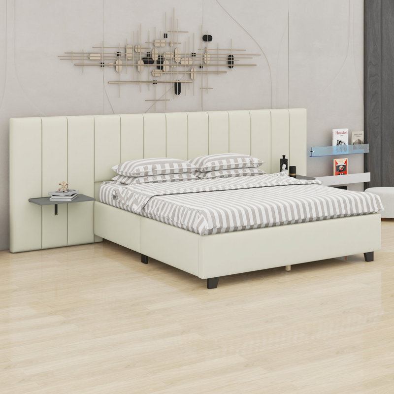 Upholstered Platform Bed with Big Headboard, Beige