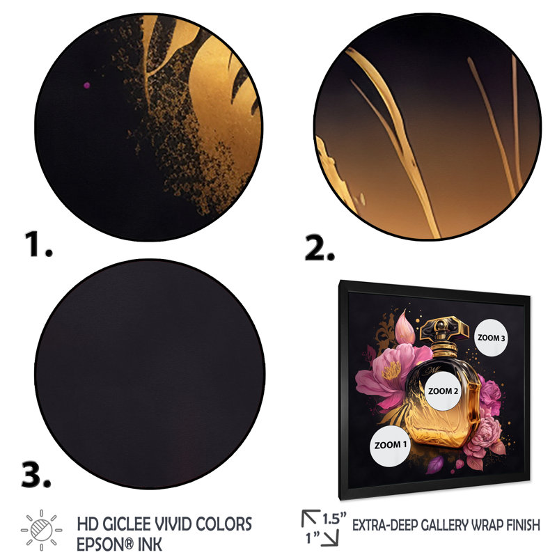 «Chic Black and Gold Perfume Bottle V», impression sur toile, H 24 po x l 24 po x P 1 po, Cadre photo noir