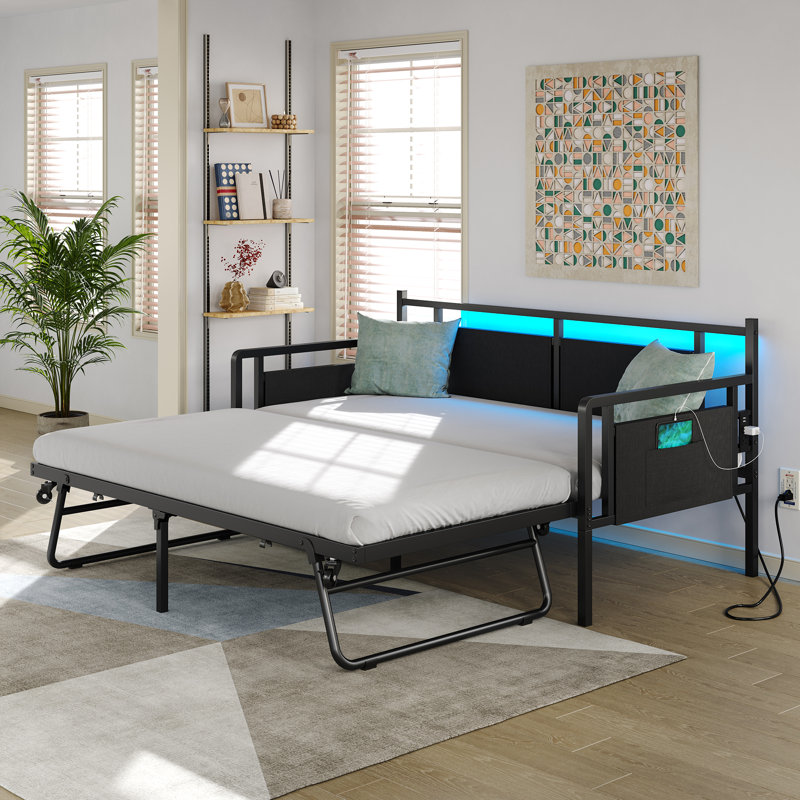 Merrylee Daybed with Pop Up Trundle,Metal Twin Daybed with Charging Station and LED Lights,Guest Bed with Storage for Adults