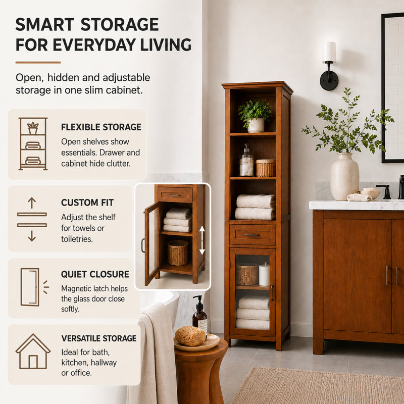 Yarissa Freestanding Multifunctional Linen Accent Storage Cabinet with Glass Doors and Adjustable Shelf