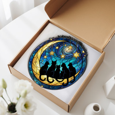12"H Cats Moon Stained Glass Window Panel