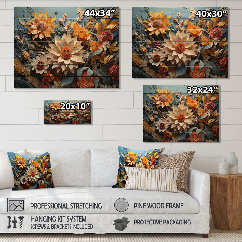 Drazen - Décoration murale en bois floral sur bois de pin naturel, H 24 po x l 32 po