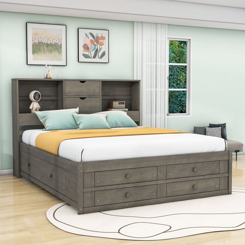 King Size 8 Drawer Wood Platform Storage Bed, Grey