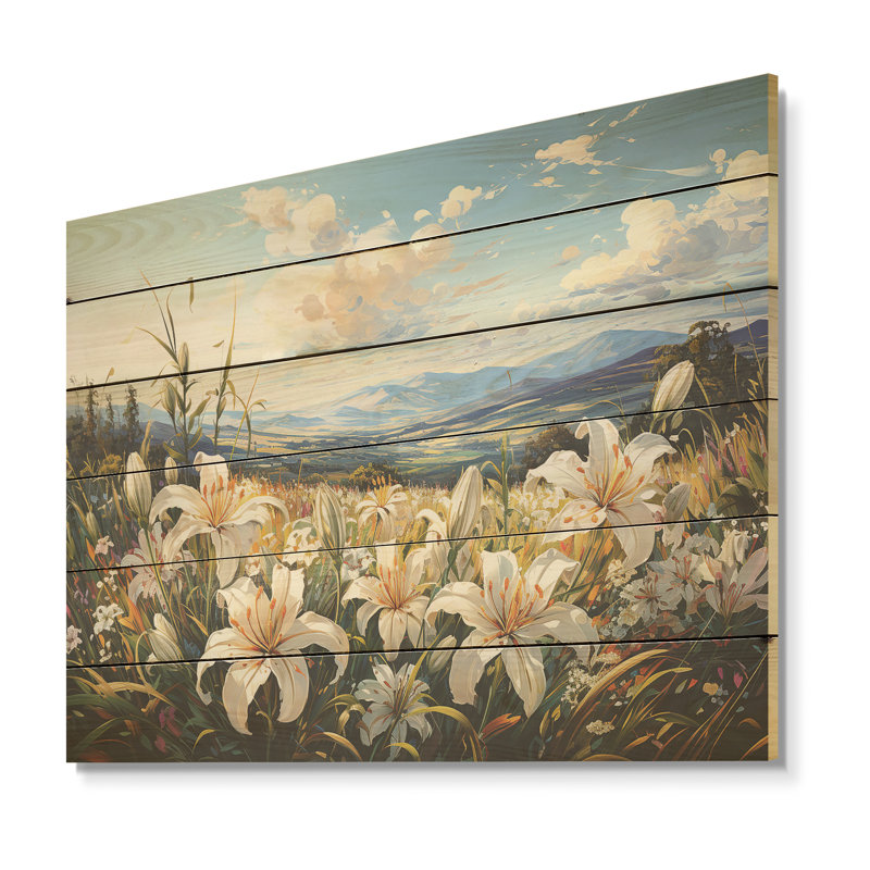 Embellissement de champ de lis sur fond de montagnes Beaut Beauties, H 10 po x l 20 po