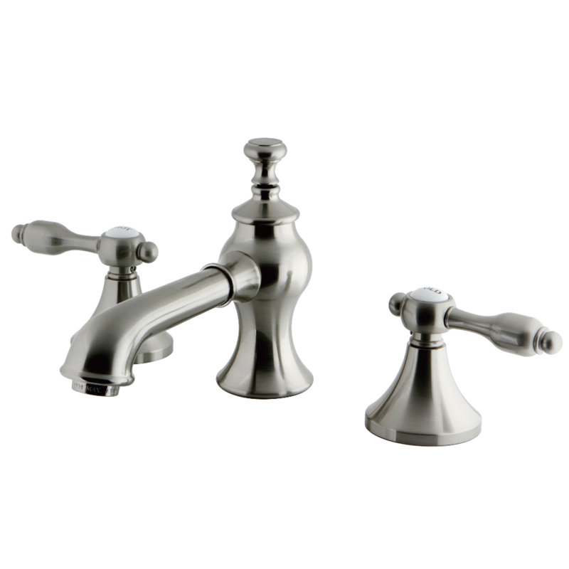 Kingston Brass Templeton Two-Handle 3-Hole Deck Mount Widespread Bathroom Faucet with Brass Pop-Up Drain, Brushed Nickel