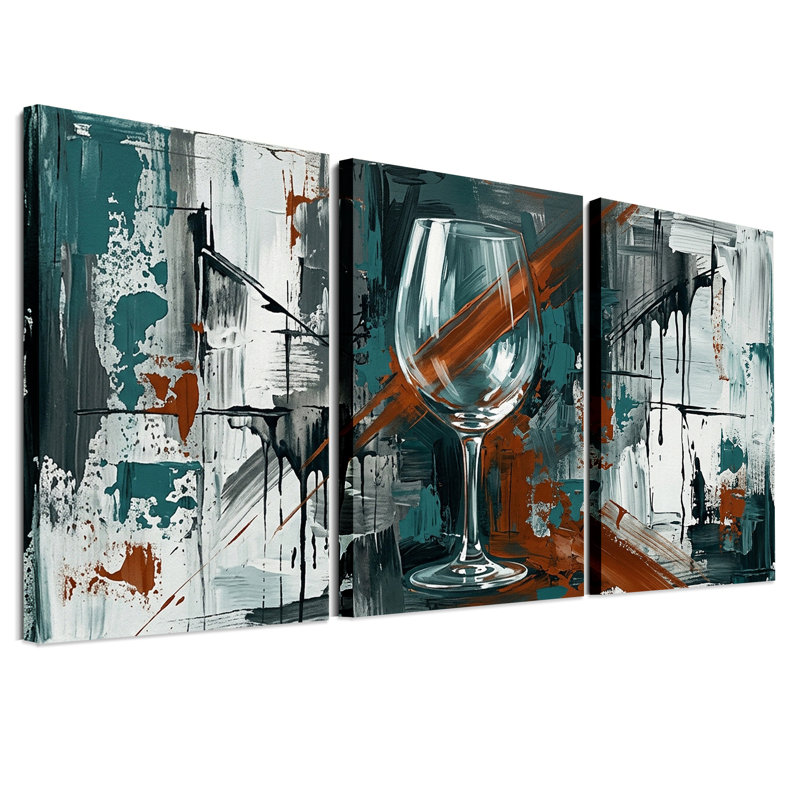 Verre à vin sur fond abstrait bleu sarcelle et rouille, ensemble de 3 toiles, H 36 po x l 24 po x 3 pièces