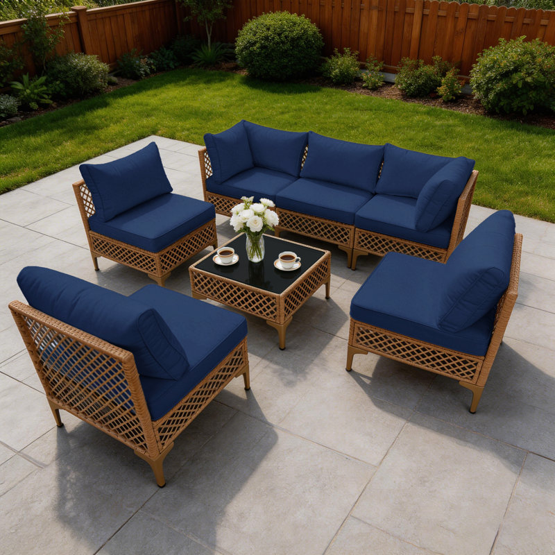 Ensemble de conversation modulaire 7 pièces pour patio en osier avec coussins bleus - Canapé modulaire pour l'extérieur