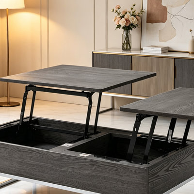 Table basse rectangulaire à plateau relevable avec placage de chêne gris et compartiment de rangement dissimulé