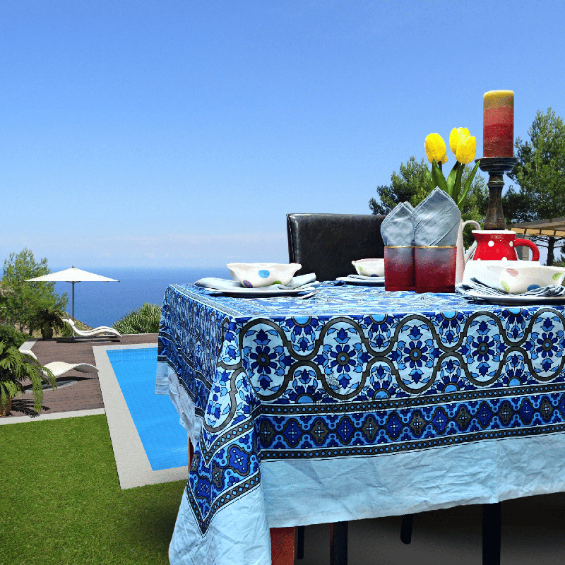 Nappe faite main en coton tournesol, L 70 po x H 104 po, Bleu / Gris