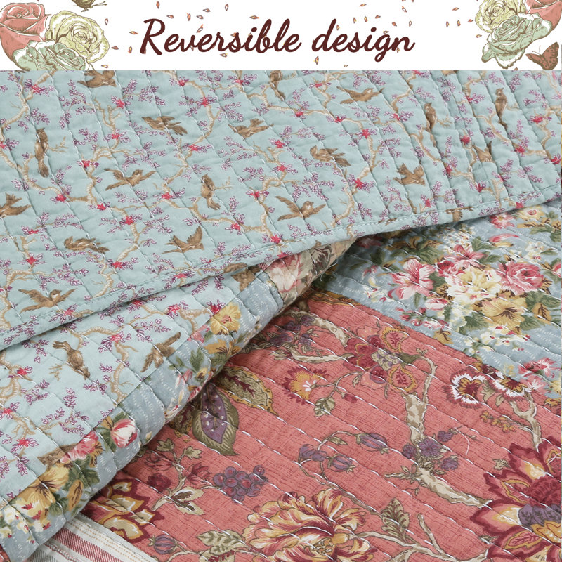 King Size Ivory Cotton Reversible Floral Patchwork Quilt Set