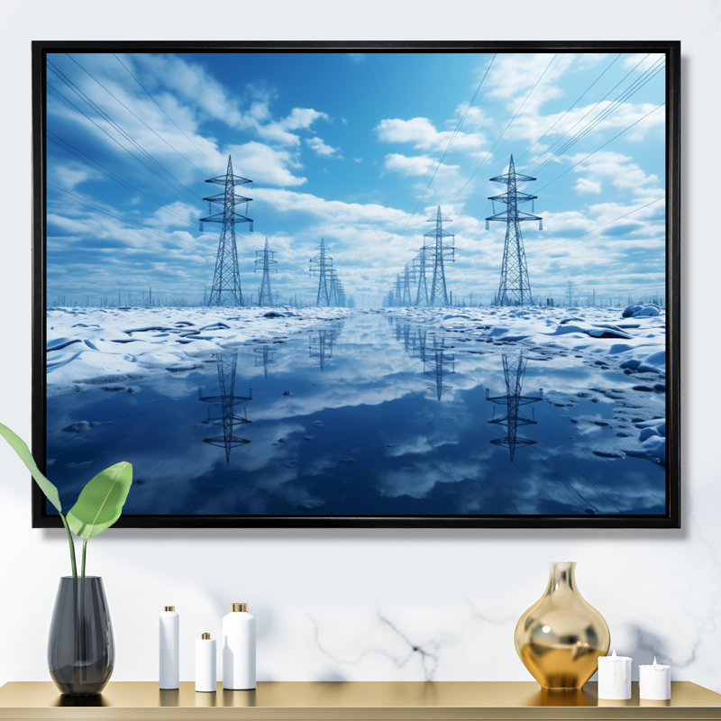 Lignes électriques, Horizons électriques I - art mural lignes électriques, Cadre flottant noir, H 34 po x l 44 po x P 1,5 po