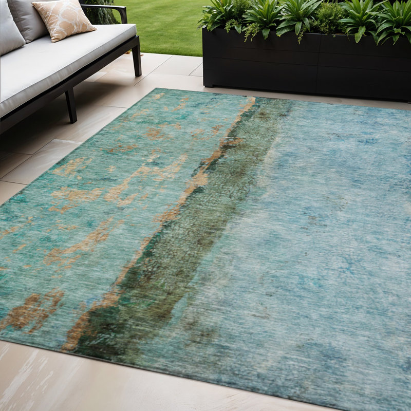 Tapis intérieur lavable abstrait bleu et doré 5 pi x 8 pi