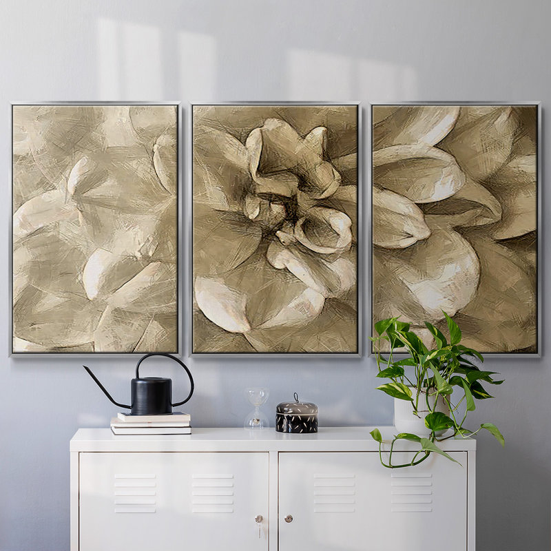 Neutral Wall Flower III, reproduction encadrée sur toile 3 pièces, Argenté, H 24 po x l 48 po x P 2 po