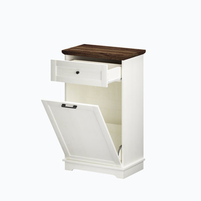 10 Gallon Tilt Out Trash Cabinet Freestanding Trash Bin Cabinet with Drawer for Kitchen Living Room, Antique White  (Not include trash can)