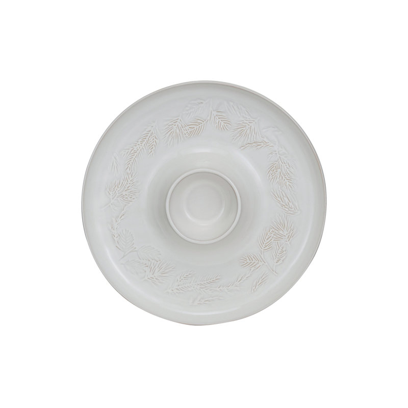 Round Debossed Stoneware Chip And Dip With Pine Boughs In Reactive Glaze