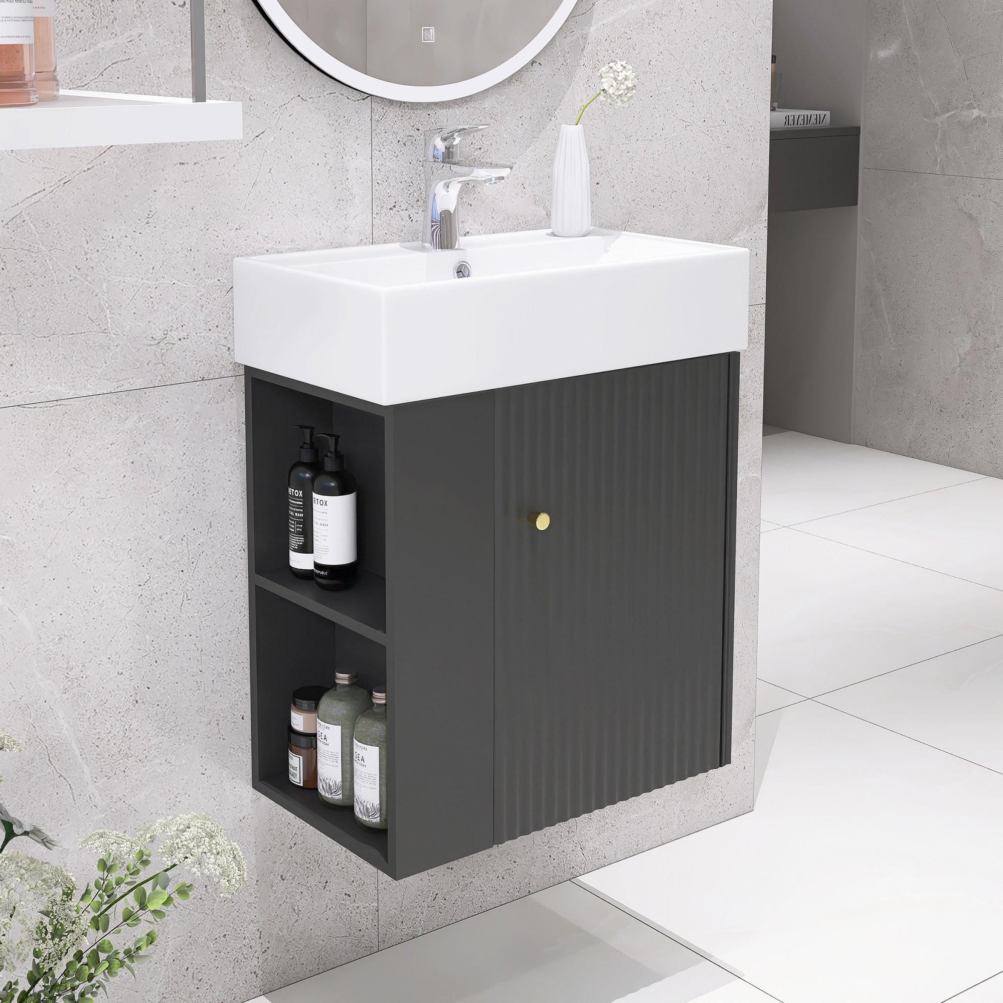 21.6” Modern Floating Bathroom Vanity With Ceramic Basin – Compact Design With Left-Side Storage For Small Bathrooms