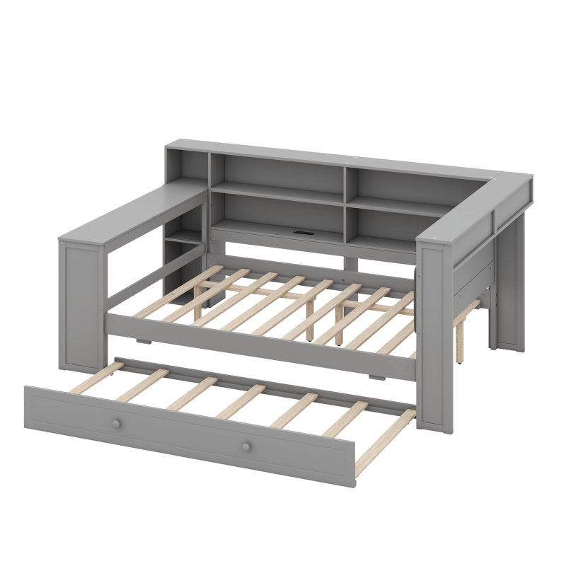 Full Size Platform Bed With Upholstered Headboard, Built-In Desk, 8 Storage Shelves, Pull-Out Trundle, LED Lights, Gray