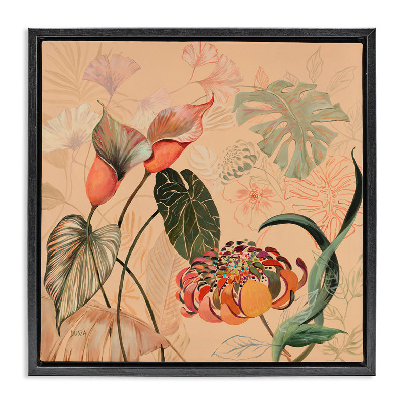 Cadre flottant stratifié à feuillage tropical, design par Dusza, Cadre flottant noir de jais, H 18 po x l 18 po