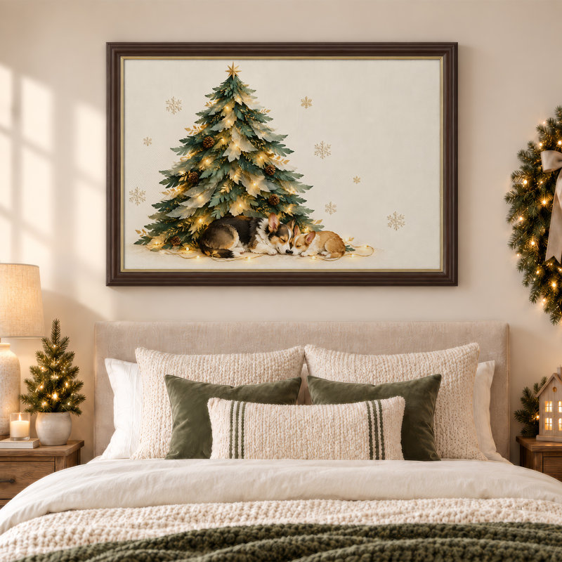 " Two Sleeping Corgis Under Lit Tree Christmas " Painting, 12"H x 18"W