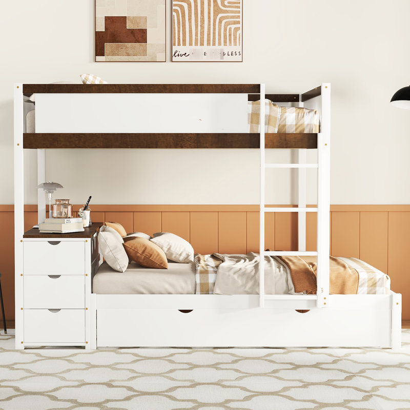 Élégant lit superposé avec lit gigogne simple, rangement de bureau en blanc et finition noyer