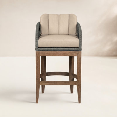 Aird Hareton Outdoor Counter or Bar Stool in Eucalyptus Wood with Gray Rope an Olefin Cushions