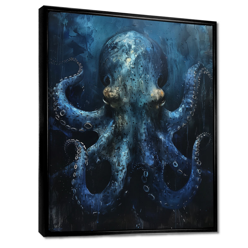 Bleu pieuvre géante créature - créatures marines, art mural salon, H 24 po x l 32 po, Cadre flottant noir