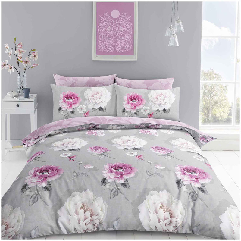Duvet Cover Set with Pillowcases, Grey Floral, Double Duvet Cover Set + 3 Additional Pieces