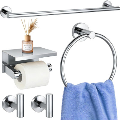5 Pieces Bathroom Hardware Accessories Set  Polished Chrome, 24Inch Round Towel Racks Set for Bathroom, SUS304 Stainless Steel Towel Bar Set,Toilet Paper Holder with Shelf Wall Mounted