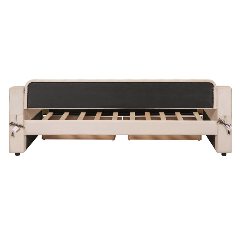 Lit de jour simple rembourré avec accoudoirs de rangement et port USB, Beige