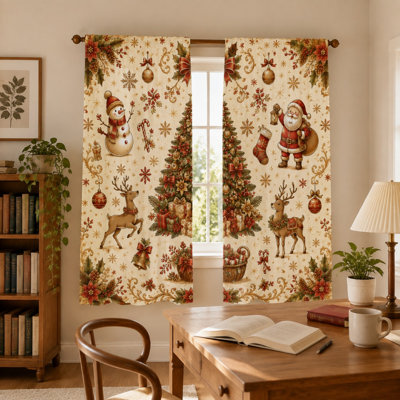 2Pcs Christmas Snowman Santa Reindeer Tree Print Curtains Rod Pocket Window Drapes for Living Room Bedroom Kitchen Home Decor