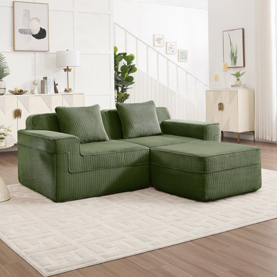 Canapé modulaire modulaire en L à 2 places avec assise profonde, coussins décoratifs et repose-pieds mobile, idéal pour la détente en famille