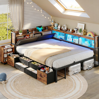 Upholstered Daybed with Pull-Out Nightstand & Hidden Storage Bookcase, Metal Convertible Corner bed frame with 6 Drawers, Charging Station & LED Lights