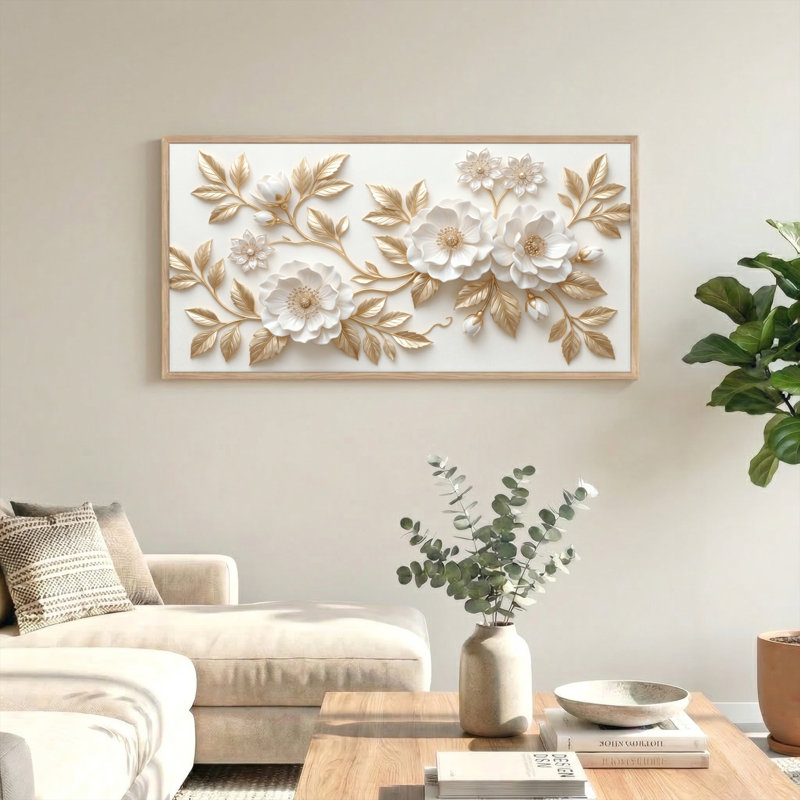 Ensemble de 1 tableau mural floral doré sur toile, 58“W x 28”H, Naturel