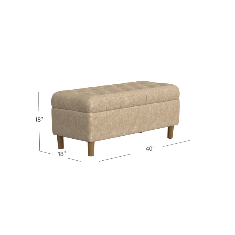 Tan Button Tufted Storage Bench with Oak Legs