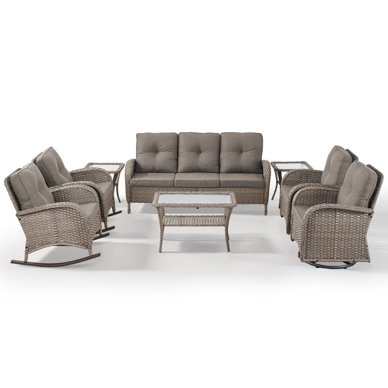 8- Pieces Outdoor Wicker Family Conversation Set With Rocking Chairs And Swivel Chairs, Gray, Gray