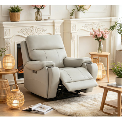 Power Zero Gravity Recliner – Genuine Leather, Adjustable Headrest, Hidden Cupholders, USB & Type-C, Creamy Grey