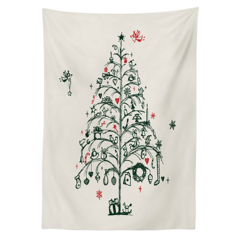 Fairies with Wands and Tree Hand Drawn Style with Wreath and Stockings Image Tablecloth, 90" x 60"
