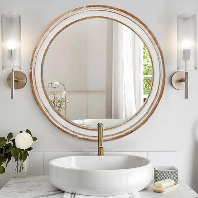 Miroir de 58,7 cm (23,14 pouces) pour chambre ou bureau. Style bois avec bords blanchis. Reflet net. Installation facile au mur, salon ou chambre. Miroir aux bords biseautés.