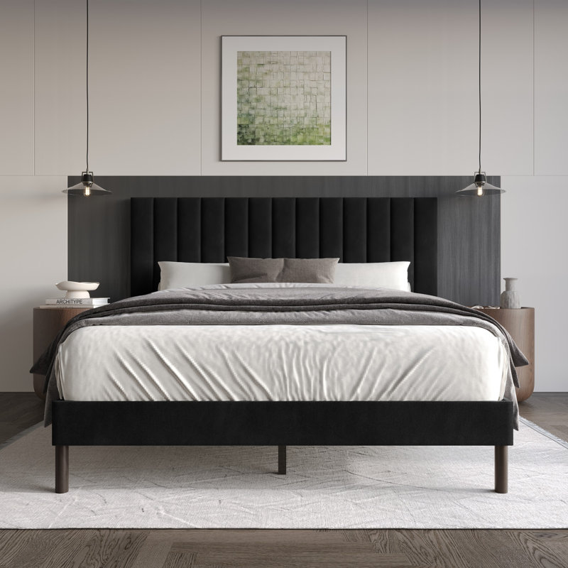 Lit plateforme tapissier Sitka, Noir, Double