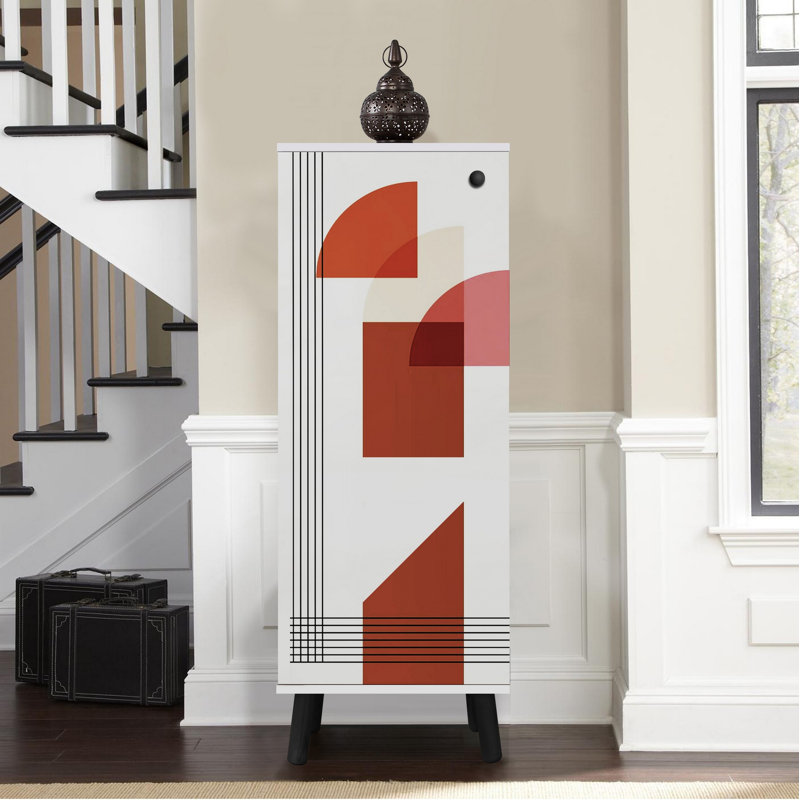 Élégante armoire à chaussures avec pieds et poignées en bois massif, blanc / noir, 19,7 x 53,1 x 15,0 pouces | Panneau 100% aggloméré mélaminé, revêtement UV, motif géométrique abstrait | Vaste espace de rangement avec de nombreuses tablettes