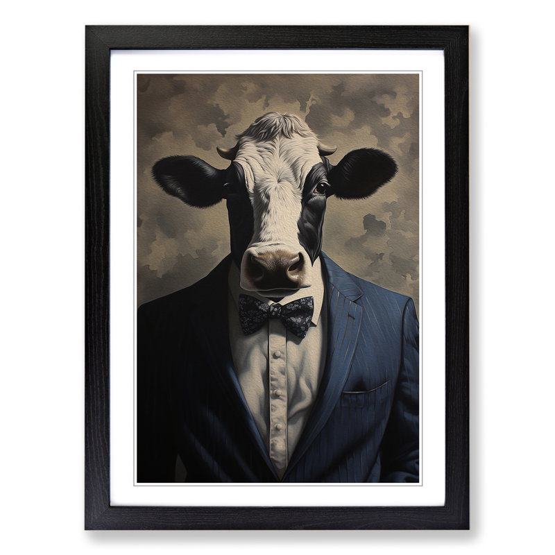 Cow In A Suit Painting No.4 - Single Picture Frame Print on Wood, Black Framed, 64cm H x 46cm W x 2cm D