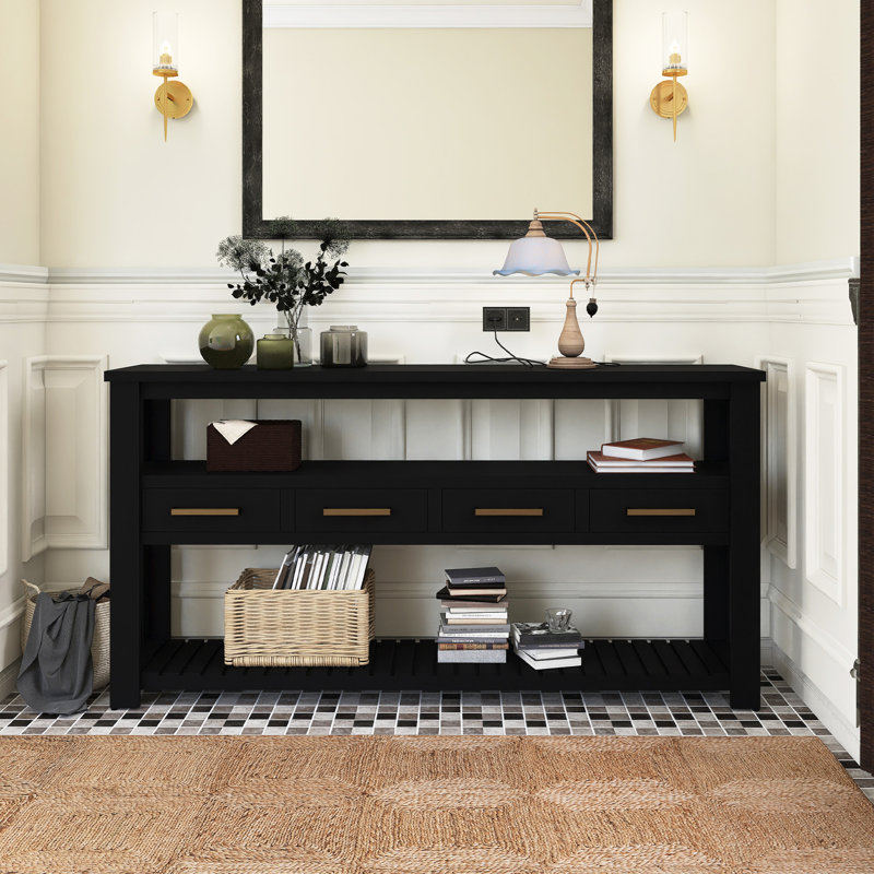 Console 62,2 po avec 4 tiroirs en bois peint, Noir