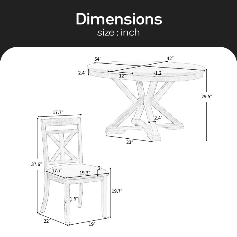 Ensemble 5 pièces de table de salle à manger rétro et extensible avec 4 chaises rembourrées, Brun, Blanc antique / beige