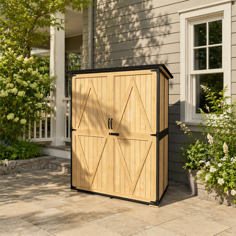 Remise de rangement robuste en bois pour l'extérieur avec tablettes réglables et toit en asphalte durable pour une organisation sécuritaire du jardin