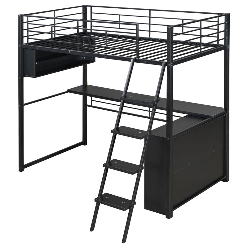Twin Size Metal Loft Bed With Led, Desk And 4 Storage Shelves, Black