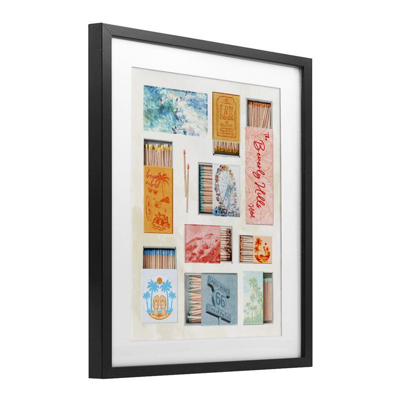 California Beach Matchboxes, reproduction encadrée sous verre, conception de Ziwei Li, Cadre noir minuit, H 16 po x l 13 po