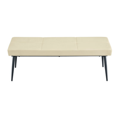 Banc de salle à manger pour 2-3 personnes, banc rembourré en cuir de qualité supérieure, coussin en éponge haute résilience, poutre en métal renforcée au centre du coussin, 4 pieds en métal avec finition enduite de jet (blanc cassé, ensemble de 1)